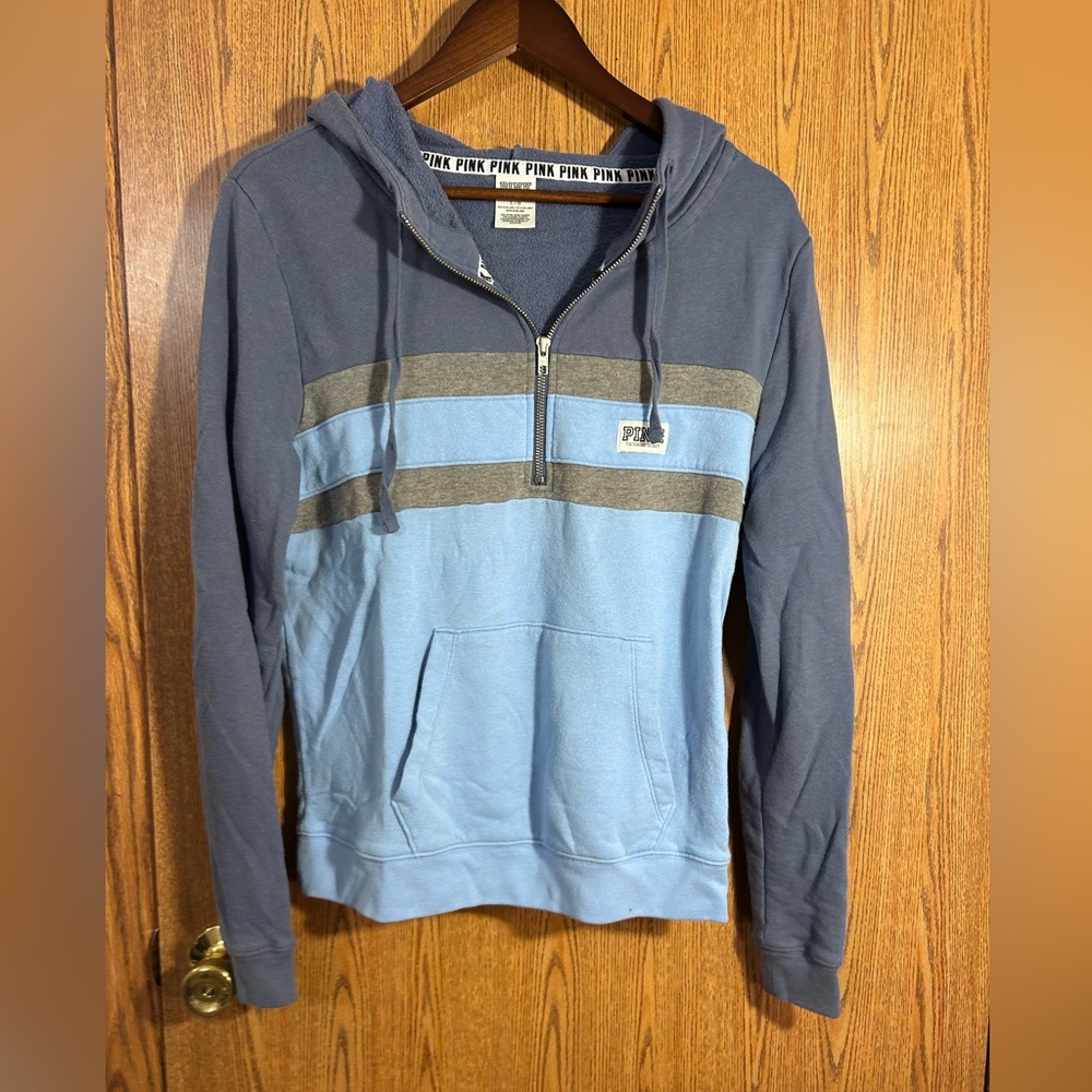 PINK Half Zip Striped Hooded Sweatshirt